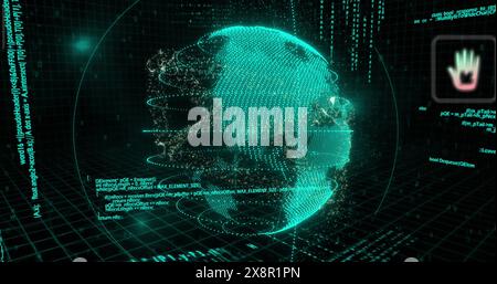 Image of icons globe rotating over binary codes and programming language Stock Photo