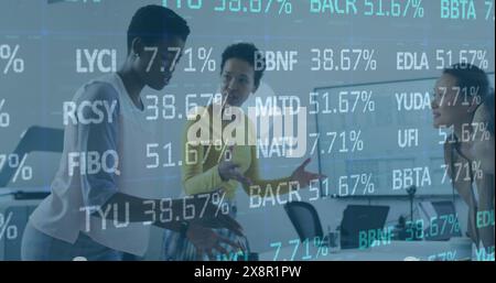 Image of trading board over diverse female architects discussing about floor plan on blueprint Stock Photo