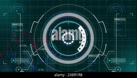 Image of radar and computer language over multiple graphs moving on grid background Stock Photo