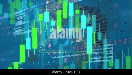 Image of envelope icons, globe and graph over binary codes and computer language Stock Photo