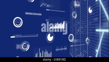 Digital data visualizations with various charts and graphs displayed on blue background Stock Photo
