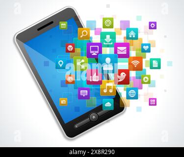 A smartphone displays a burst of social media and connectivity icons in shades of blue, symbolizing digital communication and online networking activi Stock Vector