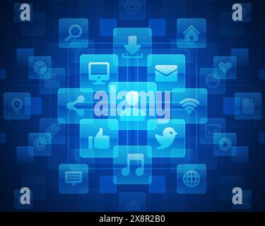 A network of digital icons representing connectivity and social media, visually centered around a human silhouette, overlaying a deep blue abstract ba Stock Vector