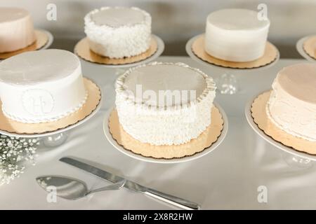 Variety of simple, elegant white and pastel wedding cakes on display Stock Photo