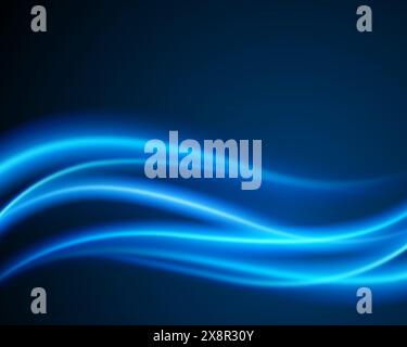 Blue light waves flow horizontally across a dark gradient background, creating a sense of motion and fluidity. Stock Vector