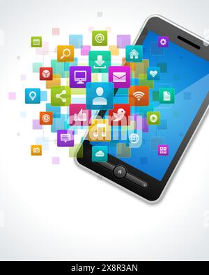 A smartphone emits a vibrant array of colorful social media and app icons against an abstract backdrop, symbolizing digital connectivity and the proli Stock Vector