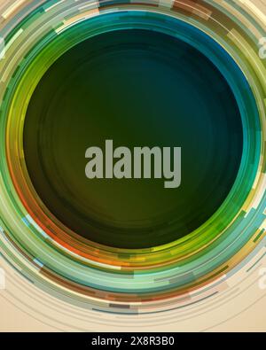 A vibrant abstract design featuring circular patterns with a blend of green tones dominating the center, surrounded by streaks of various colors creat Stock Vector