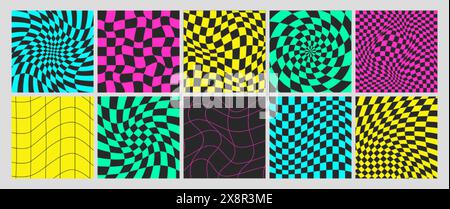 Square psychedelic checkerboard acid backgrounds with warped swirl grid tile, wavy lines. Twisted checkered seamless pattern in trendy y2k style. Distorted chessboard cover set with distortion effect. Stock Vector