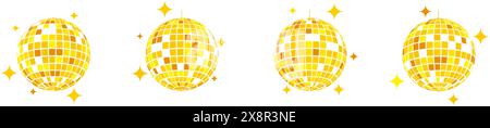 Gold discoball icons. Music party yellow mirrorballs in 70s 80s 90s discotheque style. Shining nightclub globes with blings. Nightlife, holiday Stock Vector