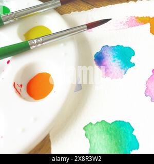 Bright Watercolor Palette and Gradient Color Canvas with Brush Stock Photo