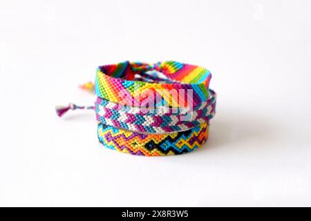 Vibrant Woven Friendship Bracelets in Colorful Patterns Stock Photo