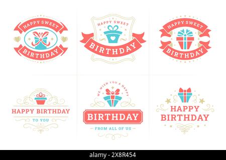 Happy birthday labels and badges set for greeting cards vector flat illustration. Birth anniversary holiday congratulations festive emblems with ribbo Stock Vector