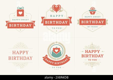 Happy birthday red ribbon vintage emblem and badge set for greeting card design vector flat illustration. Anniversary birth holiday celebration botani Stock Vector
