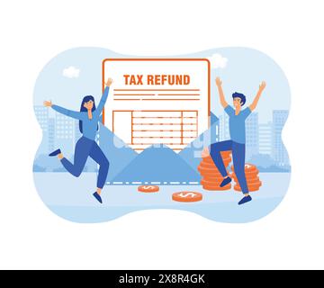 Happy people getting paid money back. Tax refund, tax rebates concept. flat vector modern illustration Stock Vector