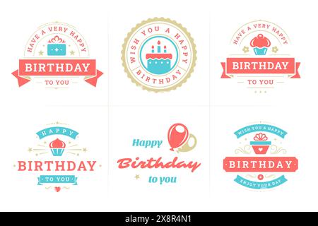 Happy birthday festive congratulations vintage emblem and badge set for greeting card design vector flat illustration. Holiday birth celebration red r Stock Vector