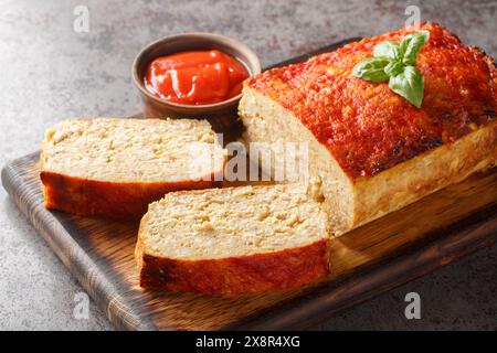 Sliced chicken meatloaf served with ketchup closeup on the wooden board on the table. Horizontal Stock Photo