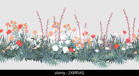 Seamless spring floral border with colorful wildflowers, poppies, foxglove. Vector horizontal pattern on dark background. Hand drawn illustration. Stock Vector
