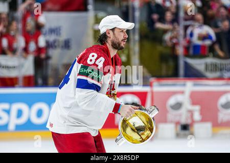 Prague, Czech Republic. 26th May, 2024. Tomas Kundratek of Czechia holding a trophy celebrates during The Medal Ceremony of IIHF Ice Hockey World Championship 2024 final match between Switzerland and Czechia at O2 Arena Prague. Final score; Switzerland 0:2 Czechia Credit: SOPA Images Limited/Alamy Live News Stock Photo