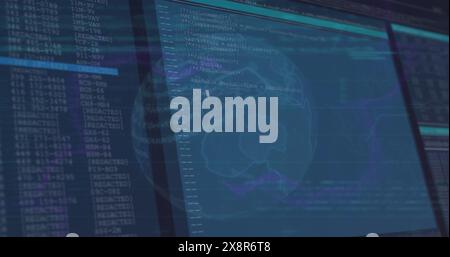 Image of financial data processing over blue screens on dark background Stock Photo
