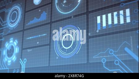 Image of hud screens with multiple graphs over grid pattern Stock Photo