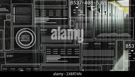 Image of hud screens with numbers, graphs and shapes over data server racks Stock Photo