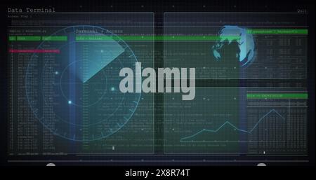 Image of hud interface screens with graph, radar, globe and programming languages Stock Photo