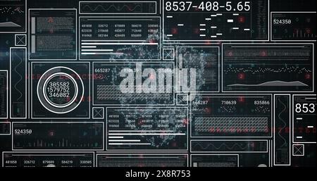 Image of padlock, cloud, shield, graphs, loading bars and circles with numbers, letters, symbols Stock Photo