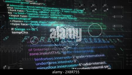 Image of text, digital human brain and computer language over motherboard in background Stock Photo