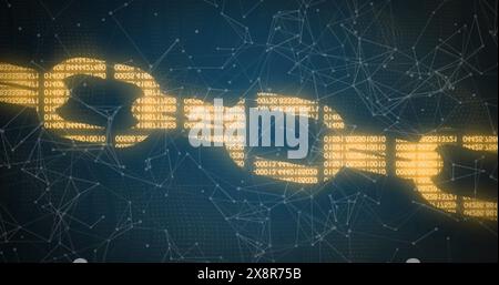 Image of binary codes forming chain and connected dots moving on abstract background Stock Photo