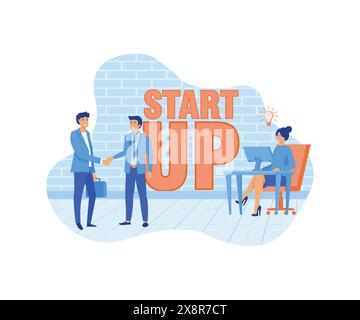 Business startup work moments. New ideas, search for investor, increased profits. Businessman and businesswoman enter into a contract. flat vector mod Stock Vector
