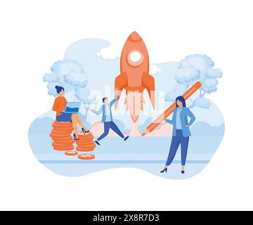 Startup launch new business concept for social media, start of business project. Young growing company, rocket launch into space. flat vector modern i Stock Vector