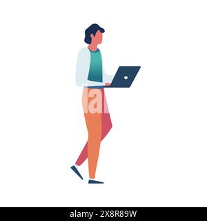 Working man hold laptop in hands isolated on white background. flat illustration. Stock Vector