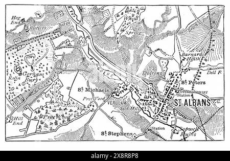 Map of St Albans, Hertfordshire; England. Late 19th century. Black and White Illustration from Our Own Country Vol III published by Cassell's Stock Photo