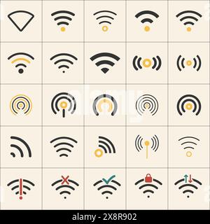 Wifi signal collection. Set of data transfer concept includes antenna tower and wireless signal. Stock vector illustration isolated on light Stock Vector