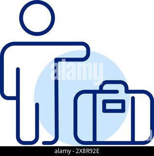 Person and suitcase hailing a taxi. Corporate travel. Airport business transfer. Pixel perfect, editable stroke icon Stock Vector