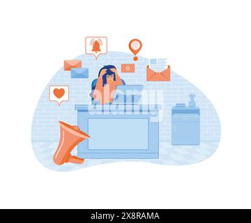 Digital overload concept. Overcome overload, employee psychological well being, gadget dependent life, device affect on human brain, digital burnout. Stock Vector