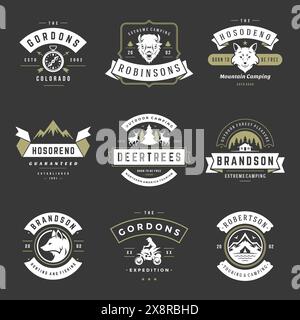 Camping logos templates vector design elements and silhouettes set, Outdoor adventure mountains and forest expeditions, vintage style emblems and badg Stock Vector