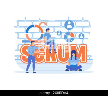 Scrum Framework, Team discussing tasks at Kanban board. Scrum meeting, conversation, working on laptop. flat vector modern illustration Stock Vector