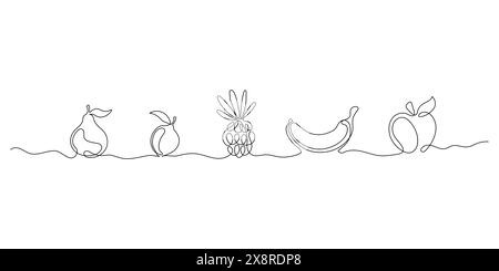 Line fruits on a white background. Continuous line echo pineapple banana, citrus fruit, pear and graphe, trends monoline healtii food. Vector fruits i Stock Vector