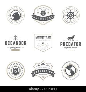 Camping logos templates vector design elements and silhouettes set, Outdoor adventure mountains and forest expeditions, vintage style emblems and badg Stock Vector