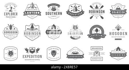 Camping logos and badges templates vector design elements and silhouettes set. Outdoor adventure mountains and forest camp vintage style emblems and l Stock Vector
