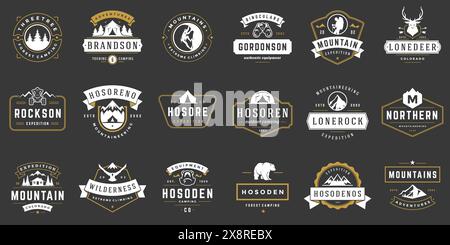 Camping logos templates vector design elements and silhouettes set, Outdoor adventure mountains and forest expeditions, vintage style emblems and badg Stock Vector