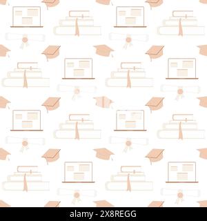 Seamless pattern with graduation caps, diplomas, and book stacks representing education and achievement. Soft pastel orange and white education repeat Stock Vector