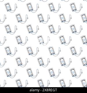 Seamless pattern of phones in waterproof cases with lanyards. Vector outline flat illustration. Stock Vector