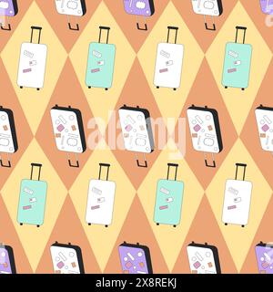 Suitcase pattern featuring colorful luggage with travel stickers on rhombus peach and yellow background. Travel theme endless background. Vector y2k o Stock Vector