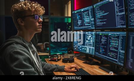 Male Cyber Security Intern Writing Code on Desktop PC With Professional Six Monitors Setup in the Office. Young Caucasian Man Monitors Digital Protection System For an Data Company Stock Photo