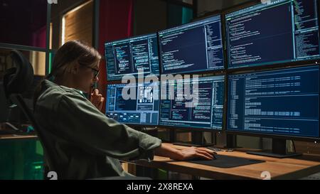 Female Cyber Security Specialist Writing Code On Deskop Computer with Six Displays in Dark Office. Caucasian Woman Controlls Protection System, Monitoring Data, Debugging Software Errors. Stock Photo