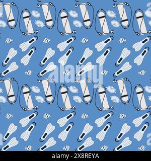 Scuba Diving seamless pattern. Vector outline flat illustration. Stock Vector