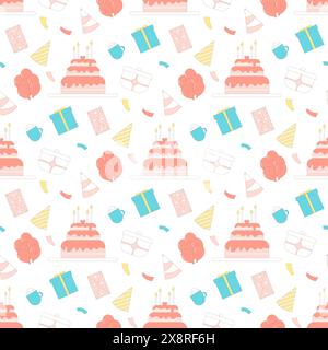 Birthday vector seamless pattern. Playful mix of cakes, party hats, gifts, teacups, balloons blowers, and confetti in pastel tones. Anniversary endles Stock Vector