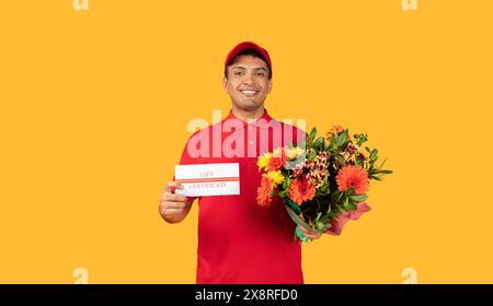 Delivery Man Holding Bouquet of Flowers and Card Stock Photo